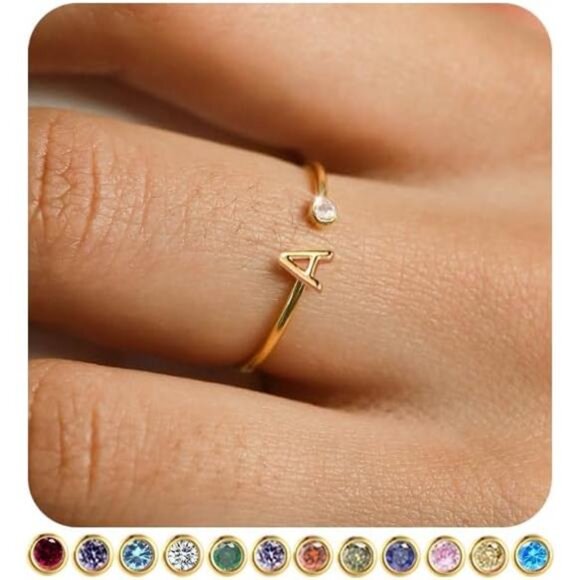 Initial A Birthstone Rings for Women Non Tarnish Trendy Stackable Dainty Trendy - Picture 1 of 2